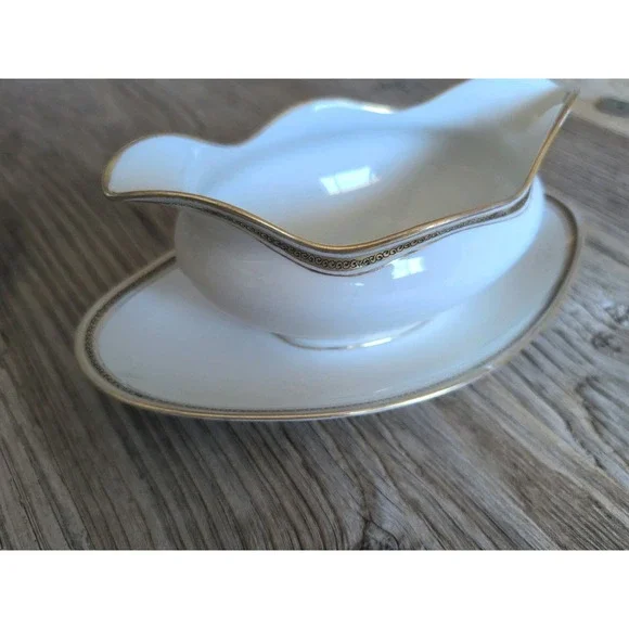 LIMOGES, FRANCE gold encrusted M. REDON 10" Gravy Boat Attached Under Plate - Picture 2 of 16